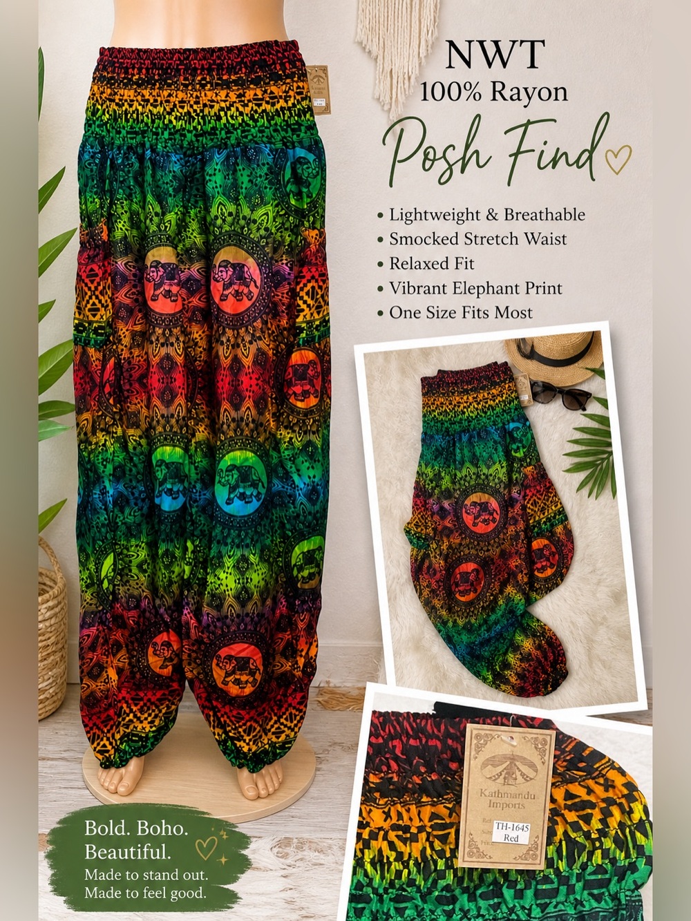 NWT Kathmandu Elephant Print Harem Pants | 100% Rayon | Boho Festival Lounge